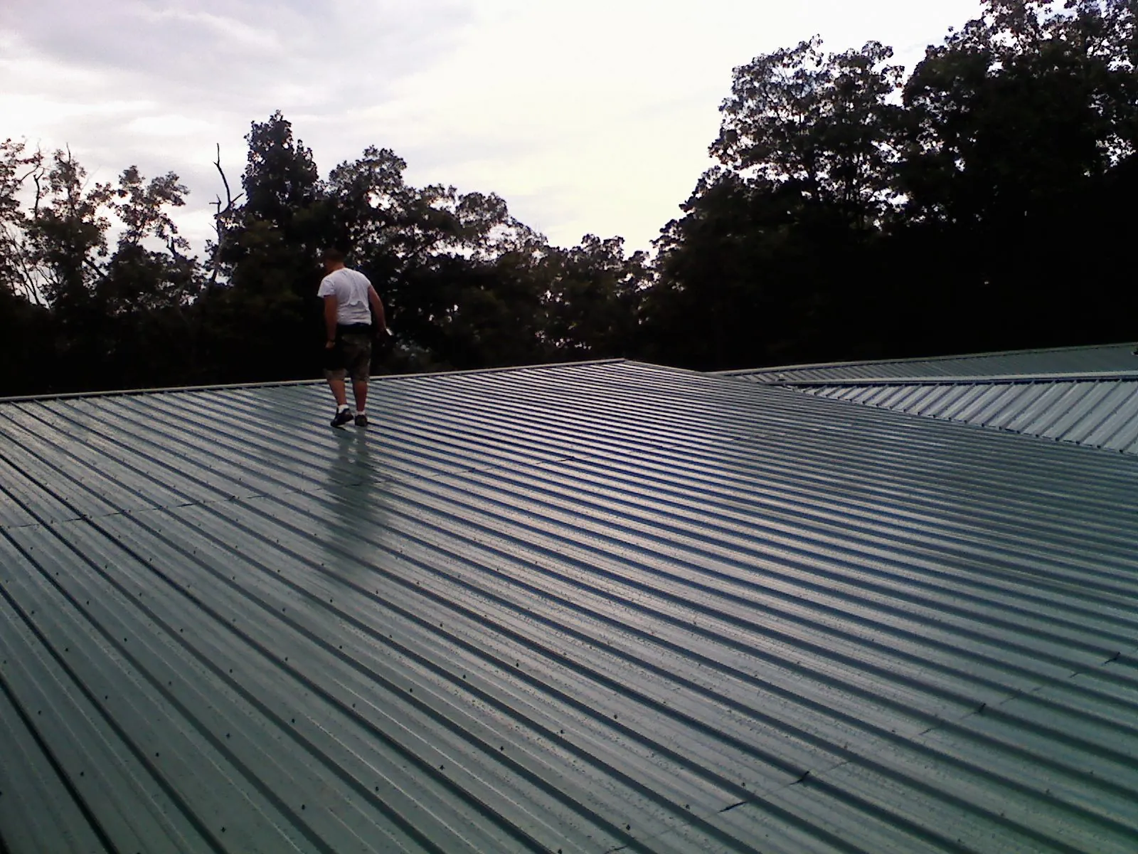 Roofer walking a wide expanse of new green metal roofing in New Salem